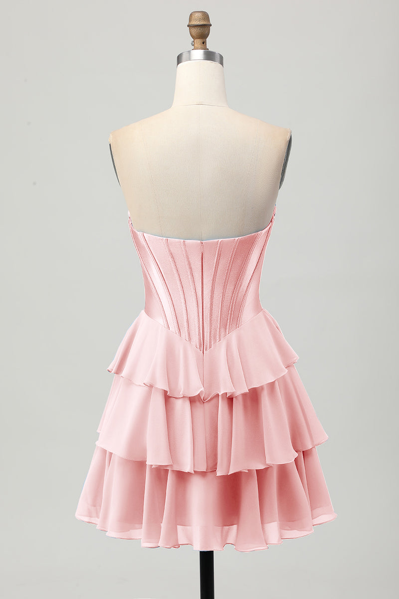 Laden Sie das Bild in den Galerie-Viewer, Fuchsia Kurzes A-Linie Trägerloses Korsett Gestuftes Cocktailkleid