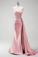 Laden Sie das Bild in den Galerie-Viewer, Glitzerndes Königsblaues Meerjungfrauen gerafftes Satin Langes Ballkleid mit Schlitz