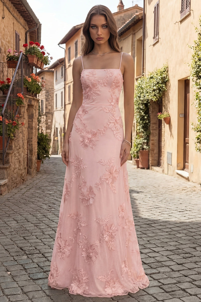Laden Sie das Bild in den Galerie-Viewer, Gelbes A-Linie Spaghetti-Träger Rückenschnürung Langes Abschlussballkleid mit Blumenstickerei