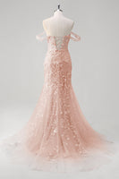 Laden Sie das Bild in den Galerie-Viewer, Blaues Meerjungfrau Schulterfreies Pailletten Korsett Ballkleid mit Blumenmuster