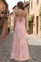 Laden Sie das Bild in den Galerie-Viewer, Gelbes A-Linie Spaghetti-Träger Rückenschnürung Langes Abschlussballkleid mit Blumenstickerei