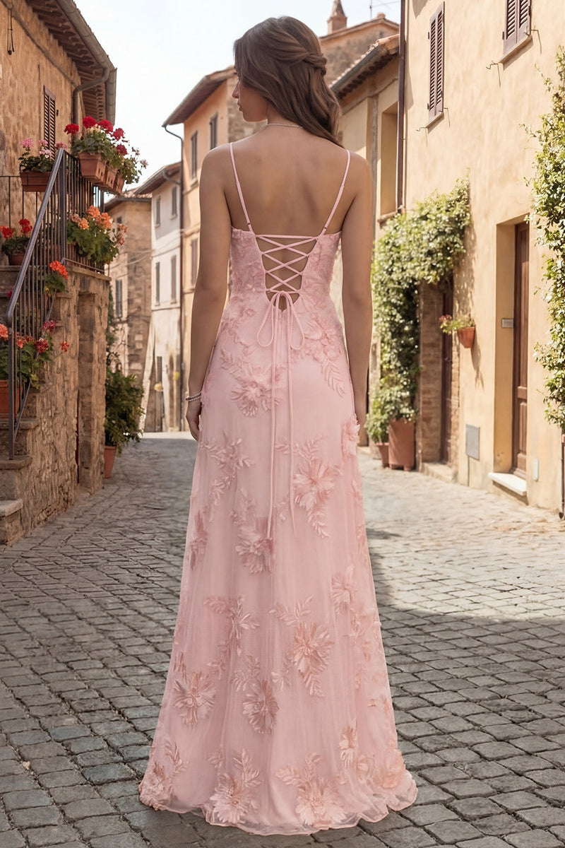 Laden Sie das Bild in den Galerie-Viewer, Gelbes A-Linie Spaghetti-Träger Rückenschnürung Langes Abschlussballkleid mit Blumenstickerei