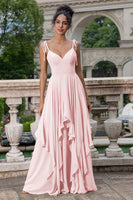 Laden Sie das Bild in den Galerie-Viewer, A-Linie V-Ausschnitt Spaghettiträger Chiffon Brautjungfernkleid mit Rüschen Matcha