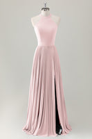 Laden Sie das Bild in den Galerie-Viewer, Grau Blau A-Linie Neckholder Langes Brautjungfernkleid mit Schlitz