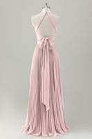 Laden Sie das Bild in den Galerie-Viewer, Grau Blau A-Linie Neckholder Langes Brautjungfernkleid mit Schlitz