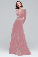 Laden Sie das Bild in den Galerie-Viewer, Dunkelgrünes Samt Partykleid mit V-Ausschnitt und langen Ärmeln