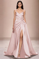Laden Sie das Bild in den Galerie-Viewer, Dunkelblaues Spaghettiträgern Abendkleid aus Satin in A-Linie mit Schlitz