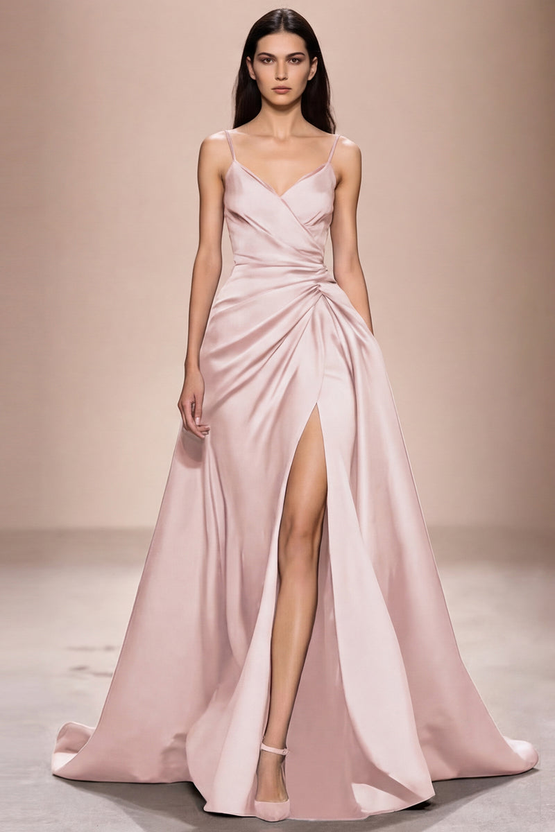 Laden Sie das Bild in den Galerie-Viewer, Dunkelblaues Spaghettiträgern Abendkleid aus Satin in A-Linie mit Schlitz