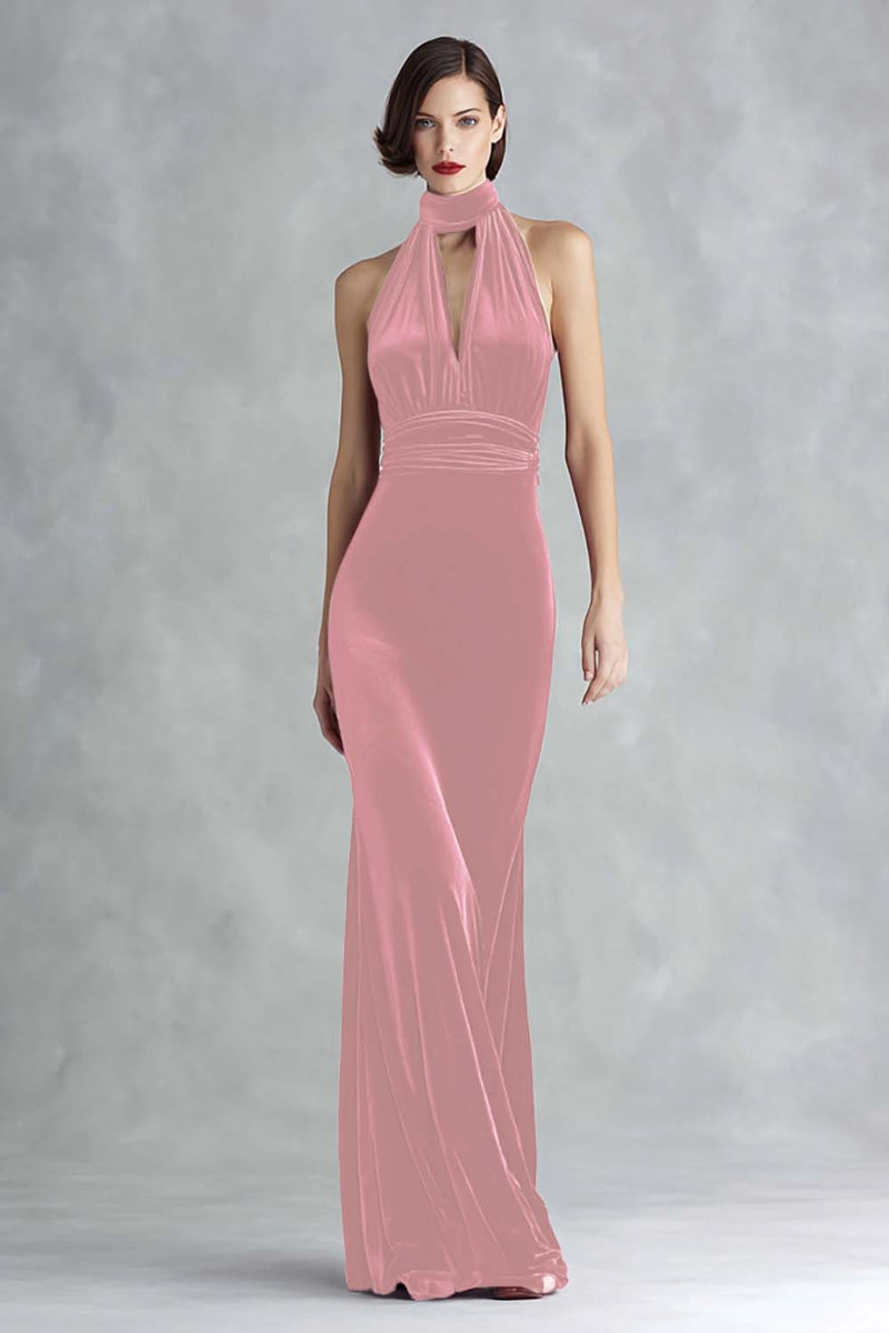 Laden Sie das Bild in den Galerie-Viewer, Burgunderrotes Samt Neckholder Schlüsselloch Langes Ballkleid