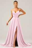 Laden Sie das Bild in den Galerie-Viewer, Königsblaues Langes A-Linie Spaghettiträger Satin Ballkleid mit Schlitz