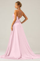 Laden Sie das Bild in den Galerie-Viewer, Königsblaues Langes A-Linie Spaghettiträger Satin Ballkleid mit Schlitz