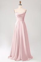 Laden Sie das Bild in den Galerie-Viewer, Staubiger Salbei A Linie Wasserfallausschnitt Satin Langes Ballkleid mit Plissee