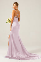 Laden Sie das Bild in den Galerie-Viewer, Dunkelgrünes Meerjungfrauen Spaghettiträger Satin langes Brautjungfernkleid mit Plissee