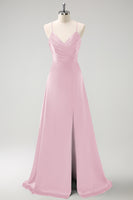 Laden Sie das Bild in den Galerie-Viewer, Dunkelgrünes langes A-Linie Satin Brautjungfernkleid mit Rüsche und Schnürung