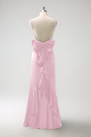 Laden Sie das Bild in den Galerie-Viewer, Schwarzes Meerjungfrau Spaghettiträger Langes Satin Brautjungfernkleid mit Rüschen und Schleife