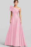 Laden Sie das Bild in den Galerie-Viewer, Marineblaues Langes Satin Abendkleid in A-Linie mit Rüschen und einer Schulter