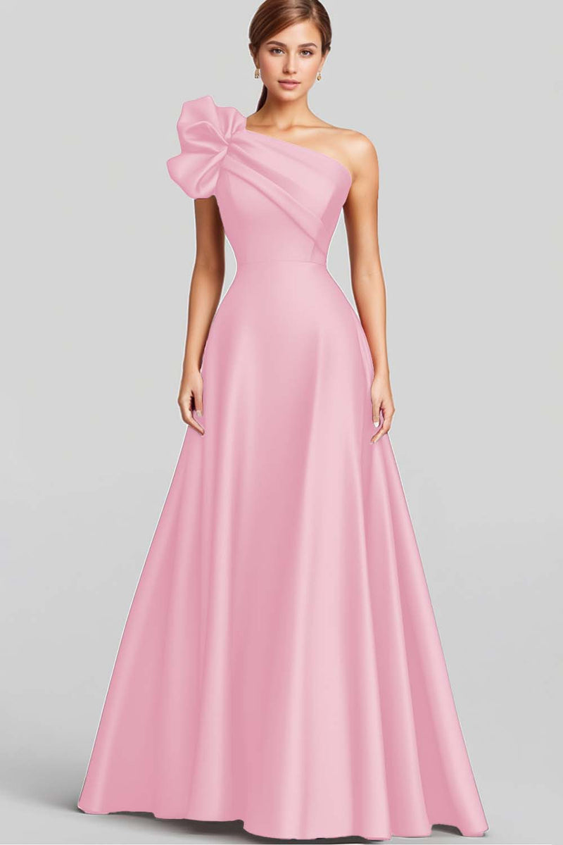 Laden Sie das Bild in den Galerie-Viewer, Marineblaues Langes Satin Abendkleid in A-Linie mit Rüschen und einer Schulter