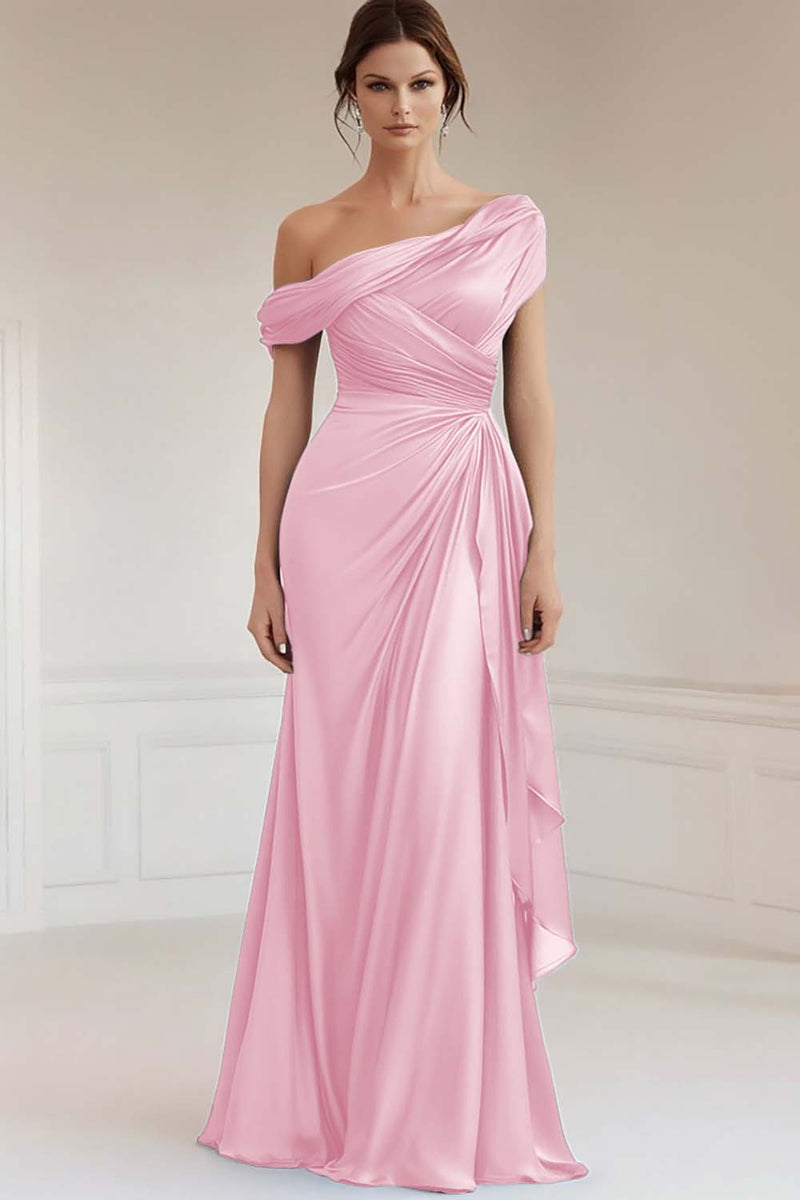 Laden Sie das Bild in den Galerie-Viewer, Meerjungfrau Grau Blaues Einschulteriges Satin Brautmutterkleid mit Rüschen