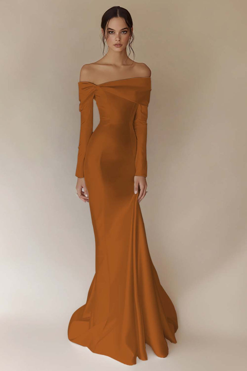 Laden Sie das Bild in den Galerie-Viewer, Weißes Schulterfreies Meerjungfrauen Brautkleid mit langen Ärmeln