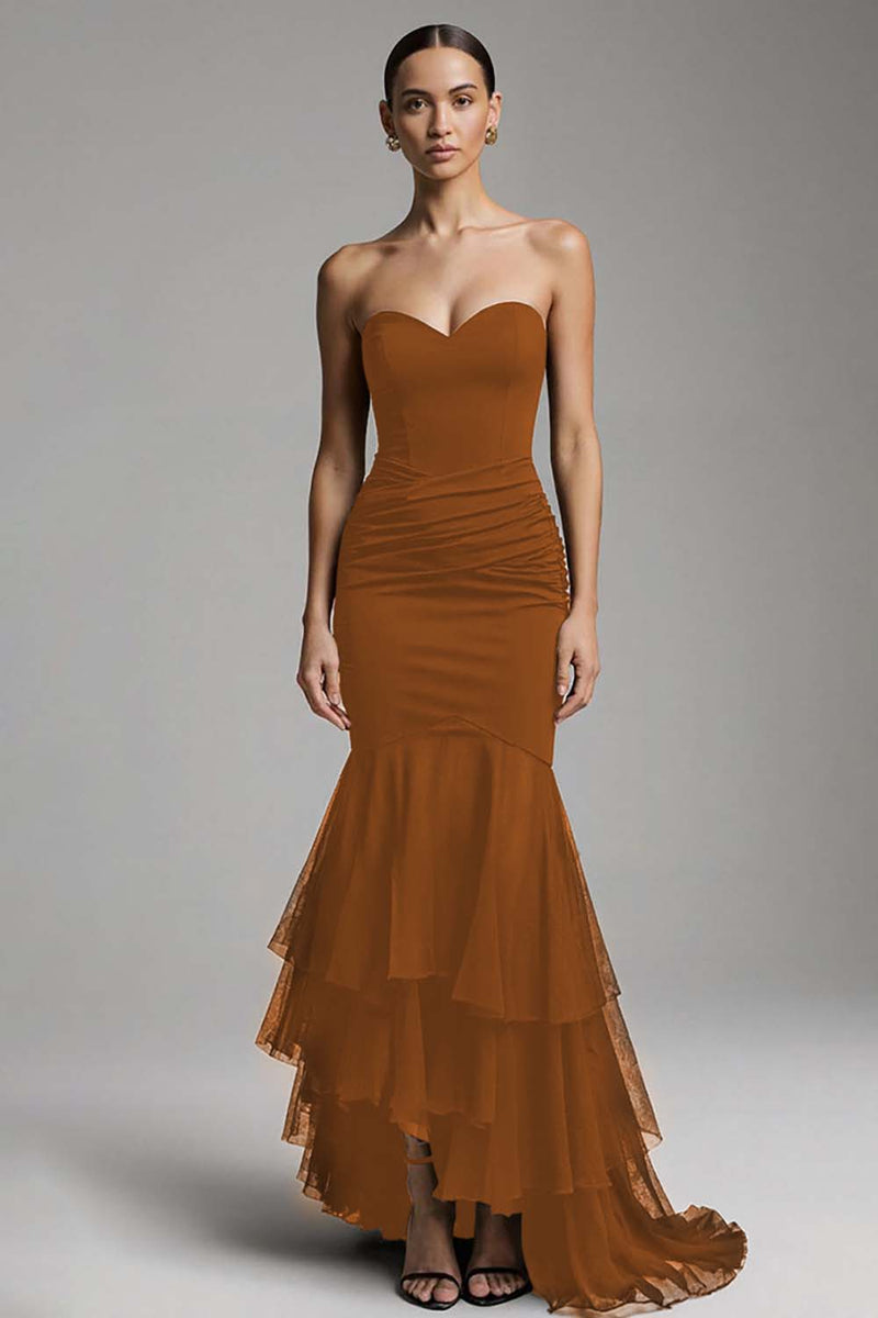 Laden Sie das Bild in den Galerie-Viewer, Schwarzes Meerjungfrau Herzausschnitt Sweep Train Maxi Ballkleid mit Rüschen