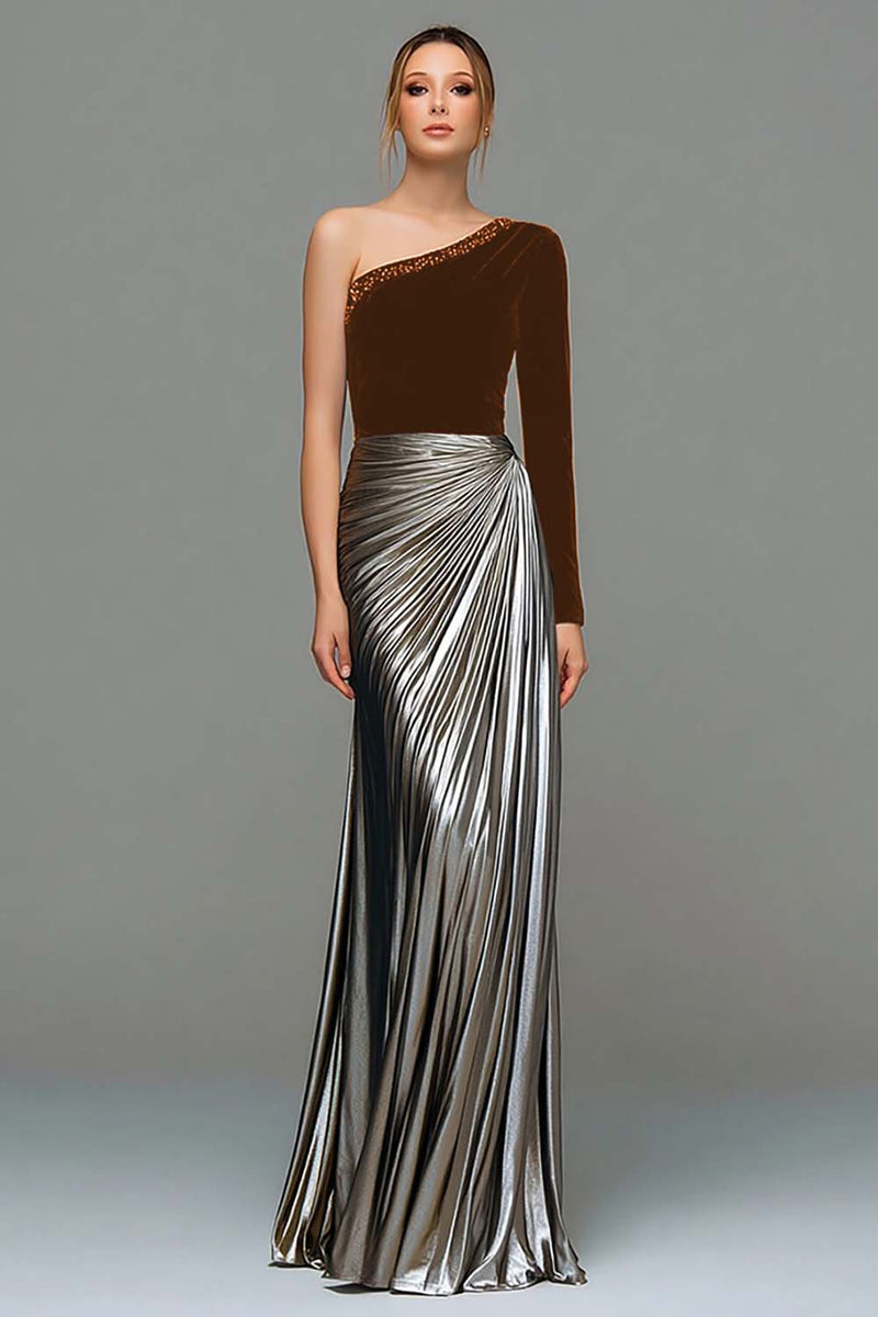 Laden Sie das Bild in den Galerie-Viewer, Schwarzes und Graues A-Linie Ballkleid aus Metallic-Satin mit einer Schulter
