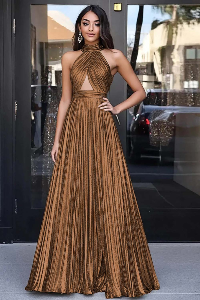 Laden Sie das Bild in den Galerie-Viewer, Goldenes Langes A-Linie Neckholder Metallic Ballkleid mit Falten