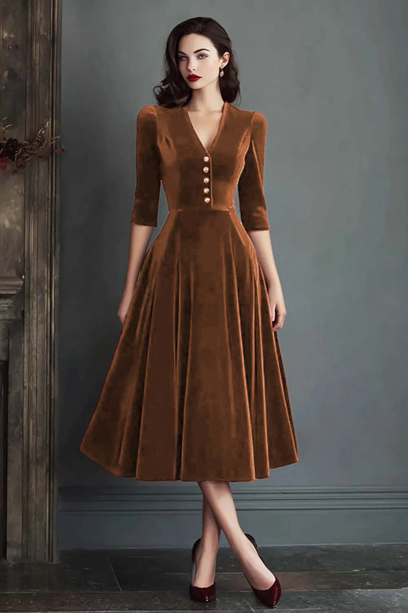 Laden Sie das Bild in den Galerie-Viewer, Burgunder A-Linie V-Ausschnitt Samt Arbeitskleid mit halben Ärmeln