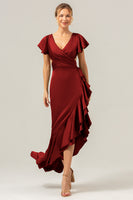 Laden Sie das Bild in den Galerie-Viewer, Olive A-Linie Satin Brautjungfernkleid mit V-Ausschnitt und Rüschenschlitz