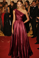 Laden Sie das Bild in den Galerie-Viewer, Goldenes A-Linie Metallic Satin Abendkleid mit einer Schulter