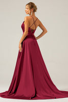 Laden Sie das Bild in den Galerie-Viewer, Königsblaues Langes A-Linie Spaghettiträger Satin Ballkleid mit Schlitz