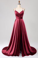 Laden Sie das Bild in den Galerie-Viewer, Königsblaues A-Linie Spaghettiträger Satin Ballkleid mit Schlitz