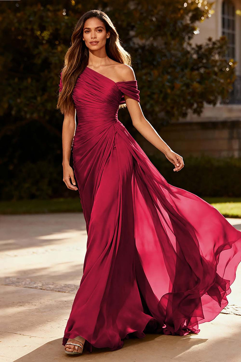 Laden Sie das Bild in den Galerie-Viewer, Dusty Sage Chiffon Eine Schulter A Linie Plissee Langes Abendkleid