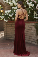 Laden Sie das Bild in den Galerie-Viewer, Schwarzes Meerjungfrauen Samt Spaghettiträger Langes Ballkleid mit Schlitz