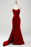 Laden Sie das Bild in den Galerie-Viewer, Marineblaues Meerjungfrauen Spaghettiträger Plissee Korsett Langes Ballkleid mit Schlitz