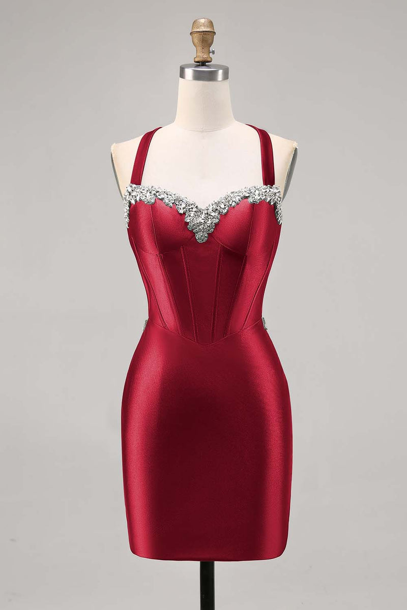 Laden Sie das Bild in den Galerie-Viewer, Korsett Satin Bodycon Dunkelgrünes Cocktailkleid