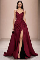 Laden Sie das Bild in den Galerie-Viewer, Dunkelblaues Spaghettiträgern Abendkleid aus Satin in A-Linie mit Schlitz