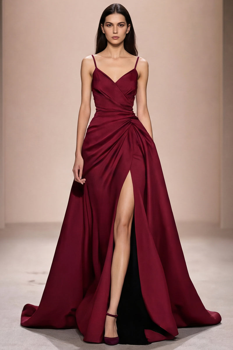Laden Sie das Bild in den Galerie-Viewer, Dunkelblaues Spaghettiträgern Abendkleid aus Satin in A-Linie mit Schlitz
