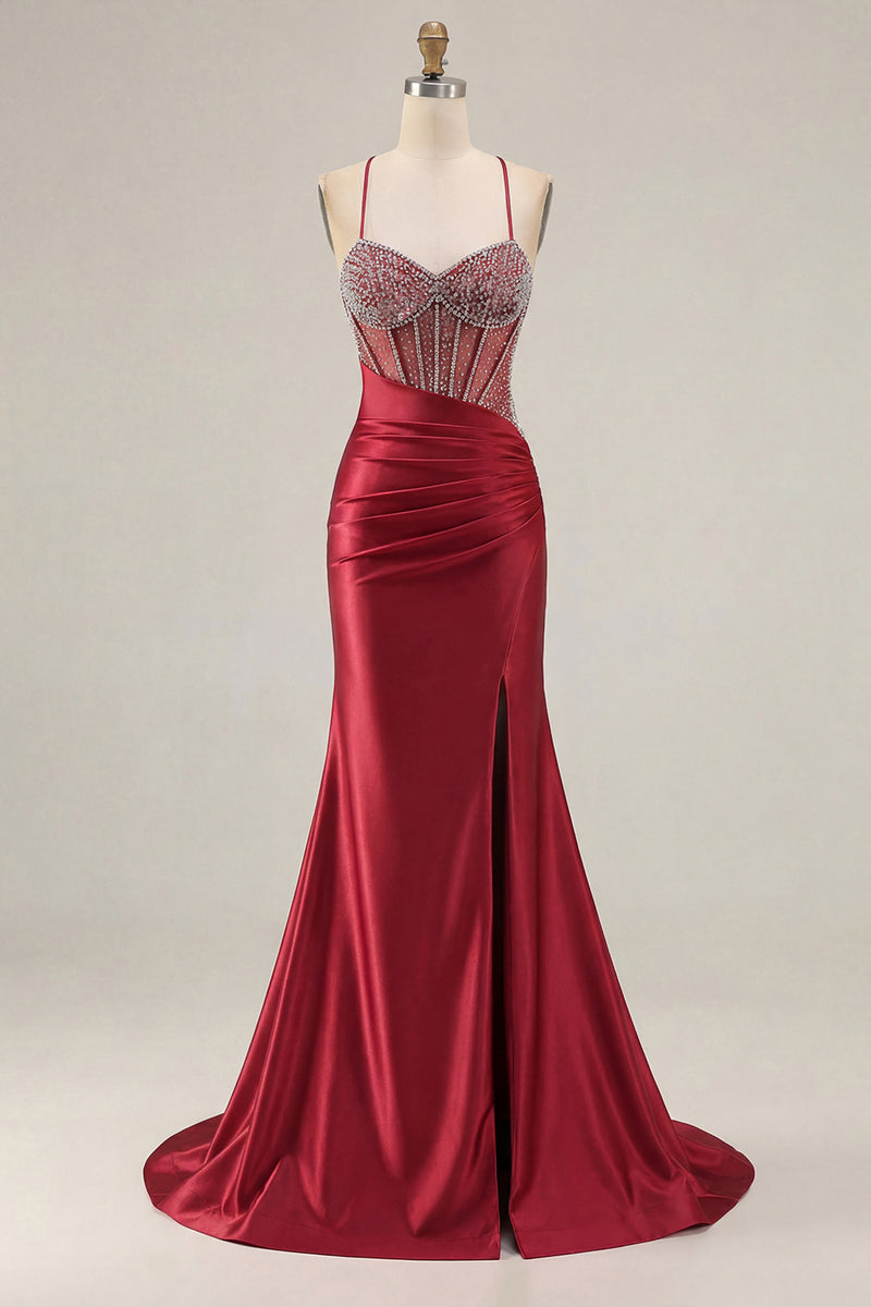 Laden Sie das Bild in den Galerie-Viewer, Rosa Perlen Meerjungfrauen Spaghettiträger Korsett Gerafftes Langes Ballkleid mit Schlitz