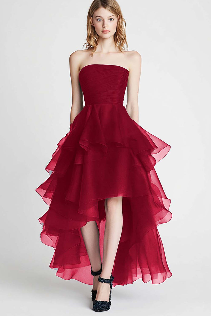 Laden Sie das Bild in den Galerie-Viewer, Organza A Linie Marineblaues Trägerloses Gestuftes Ballkleid