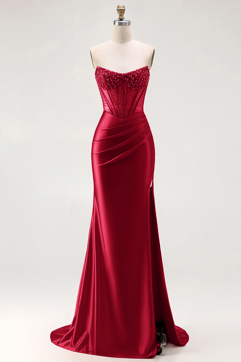 Laden Sie das Bild in den Galerie-Viewer, Rotes Trägerloses Meerjungfrauen Korsett Gerafftes Satin Langes Ballkleid mit Schlitz