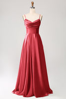 Laden Sie das Bild in den Galerie-Viewer, Staubiger Salbei A Linie Wasserfallausschnitt Satin Langes Ballkleid mit Plissee