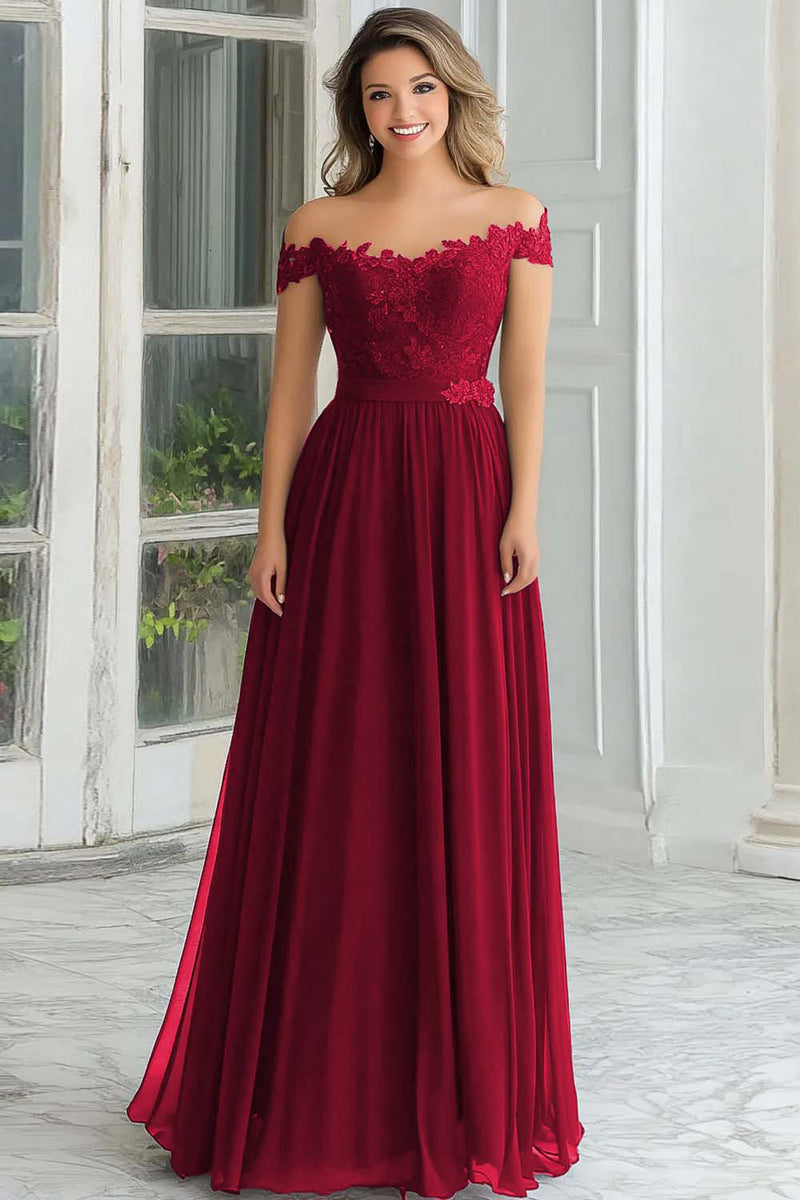 Laden Sie das Bild in den Galerie-Viewer, Elegantes Langes A-Linie Schulterfreies Marineblaues Chiffon Brautmutterkleid mit Spitzenapplikationen