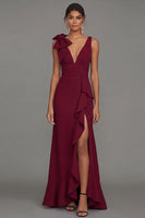 Laden Sie das Bild in den Galerie-Viewer, Dunkelgrünes V-Ausschnitt mit Rüschen und langem Festkleid mit Rüschen und Schlitz