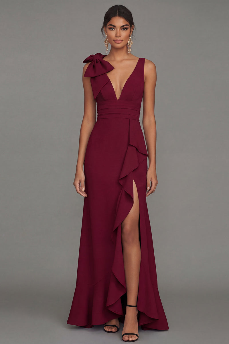 Laden Sie das Bild in den Galerie-Viewer, Dunkelgrünes V-Ausschnitt mit Rüschen und langem Festkleid mit Rüschen und Schlitz