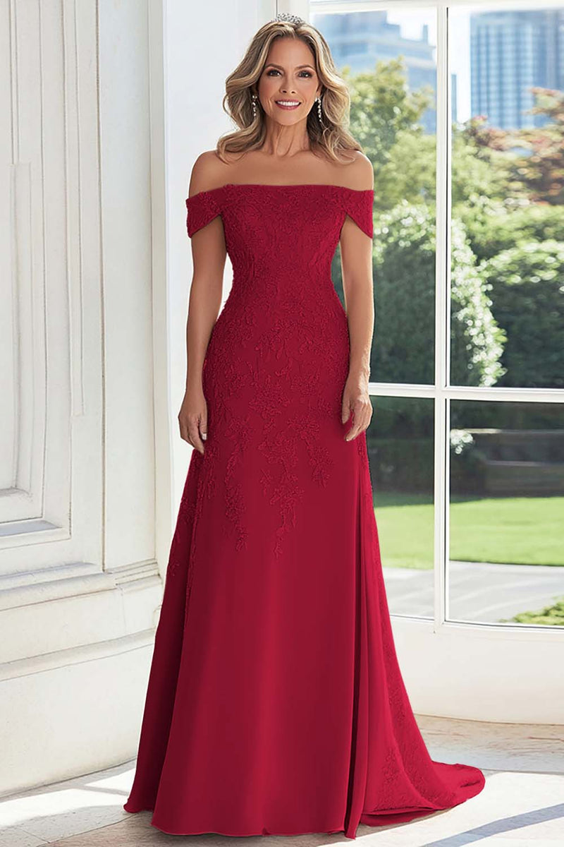 Laden Sie das Bild in den Galerie-Viewer, Taupe Scheide Schulterfreies Kleid für die Brautmutter mit Spitzenapplikation