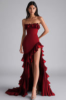 Laden Sie das Bild in den Galerie-Viewer, Schwarzes Meerjungfrau Trägerloses Ballkleid mit Rüschen und Schlitz