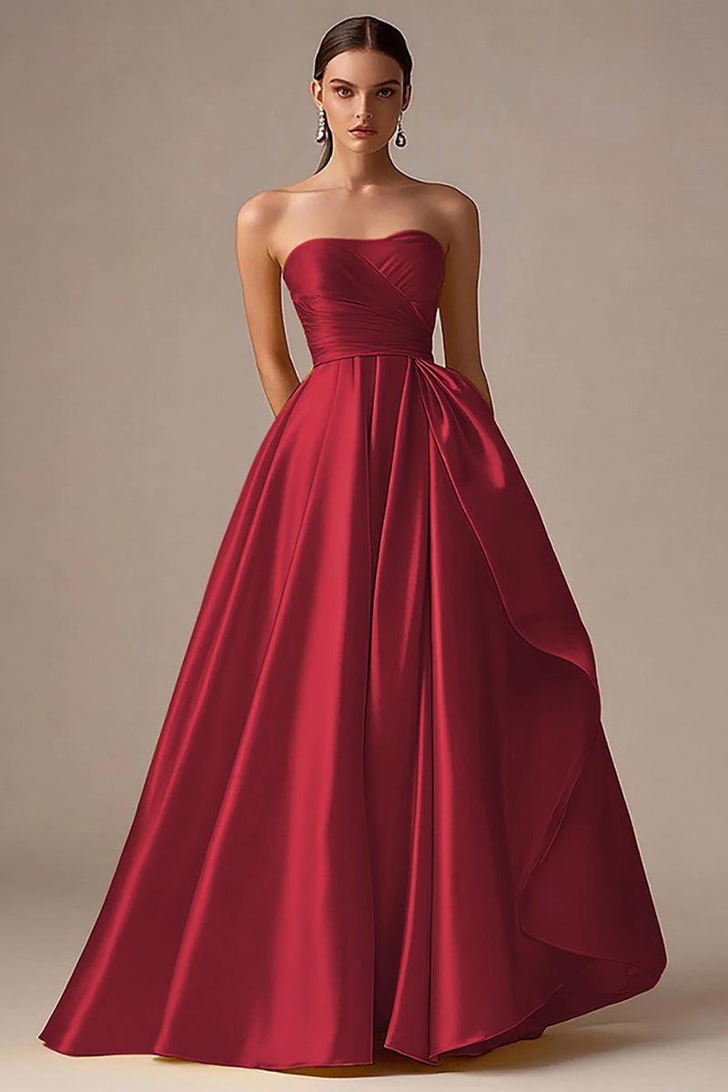 Laden Sie das Bild in den Galerie-Viewer, Gelbes Langes Trägerloses A-Linie Satin Ballkleid