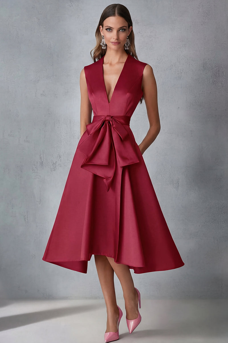 Laden Sie das Bild in den Galerie-Viewer, Fuchsia Satin V-Ausschnitt A-Linie Kleid für Hochzeitsgäste