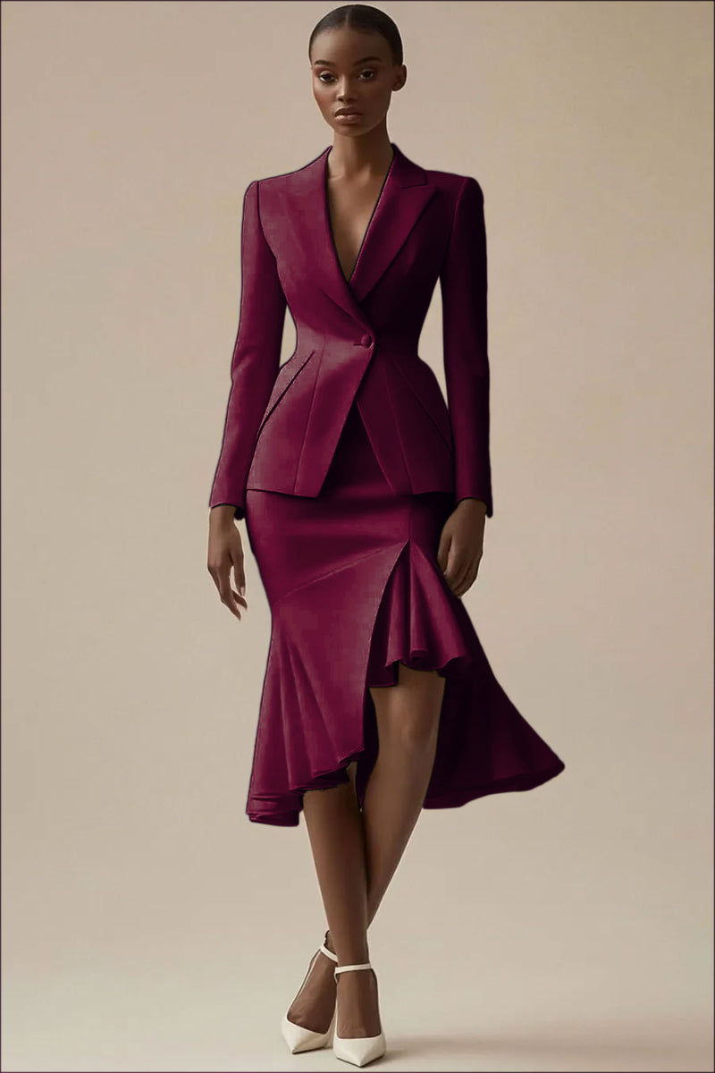 Laden Sie das Bild in den Galerie-Viewer, Elfenbein 2-teiliges Midi Arbeitskleid mit spitzem Revers und Rüschen