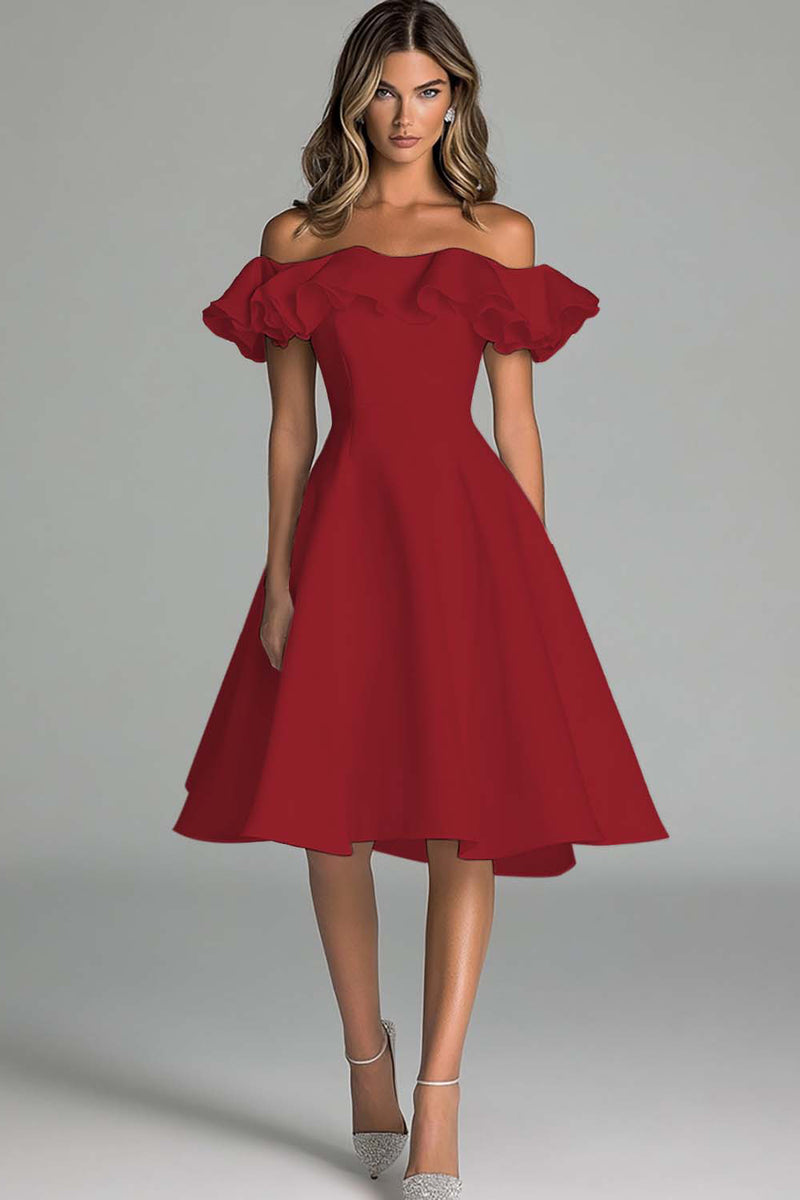 Laden Sie das Bild in den Galerie-Viewer, Weißes Schulterfreies Brautkleid in A-Linie mit Rüschen